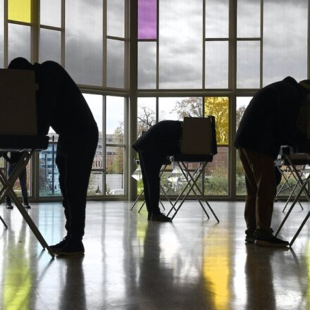 Voters mark their ballots at First Presbyterian Church on Election Day, Tuesday, Nov. 3, 2020, in Stamford, Conn. (AP)