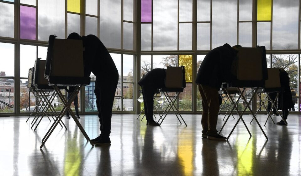 Voters mark their ballots at First Presbyterian Church on Election Day, Tuesday, Nov. 3, 2020, in Stamford, Conn. (AP)