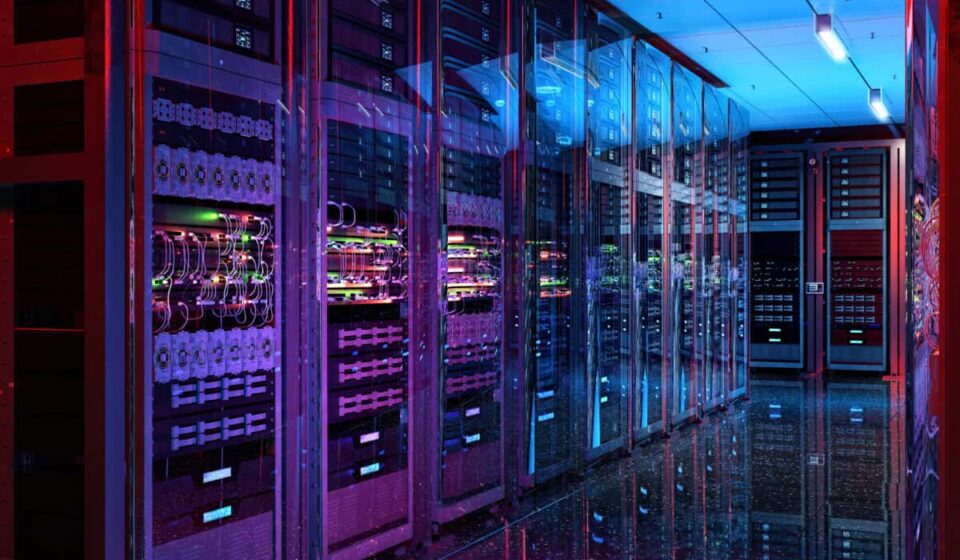 data center server racks glow with light