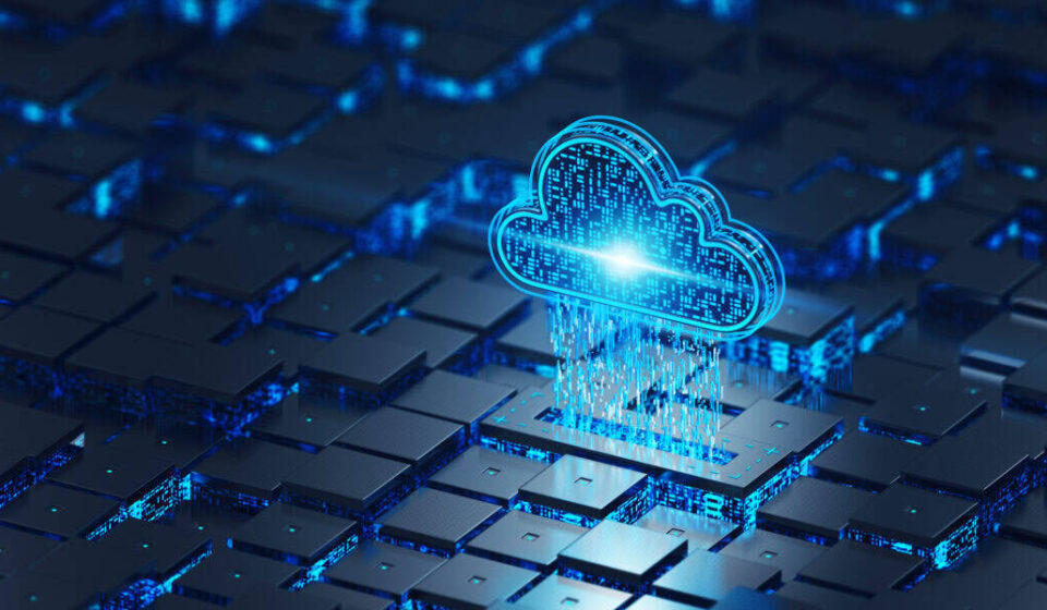 Illustration of data, cloud computing and microchips